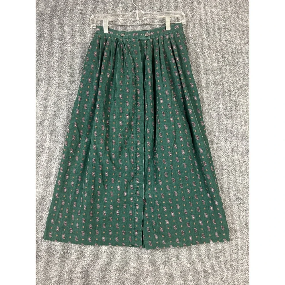 Vintage Eddie Bauer Midi Skirt Green Paisley Corduroy Button‎ Front Size 0/2